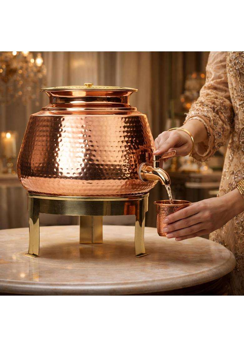Artarium Hammered Pure Classic Copper Water Dispenser with Stand and Tap | 5 L | 5.3 Qt - Indya