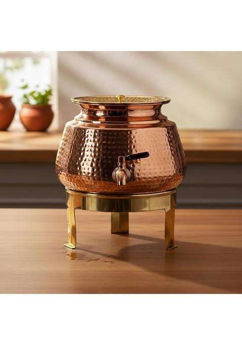 Artarium Hammered Pure Classic Copper Water Dispenser with Stand and Tap | 5 L | 5.3 Qt
