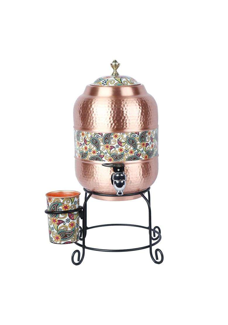 R Ayurveda Copper Handmade Copper Matka Clay Water Pot Mette Look Hammer with Cream Paisley Print Design | 5 L | 5.3 Qt | 7 Inch - Indya