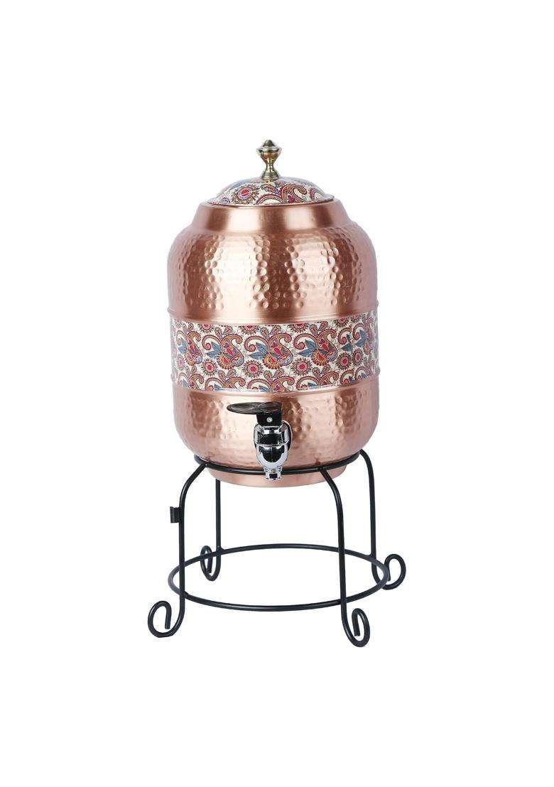 R Ayurveda Copper Handmade Copper Matka Clay Water Pot Mette Look Hammer with Cream Paisley Print Design | 5 L | 5.3 Qt | 7 Inch - Indya