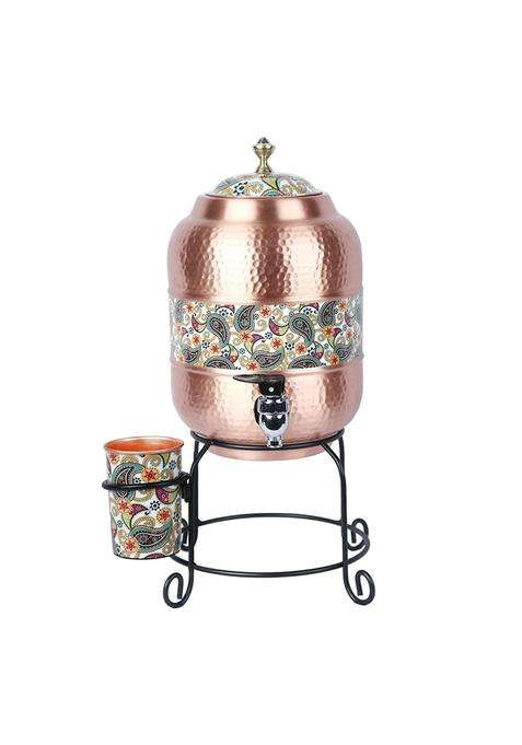 R Ayurveda Copper Handmade Copper Matka Clay Water Pot Mette Look Hammer with Cream Paisley Print Design | 5 L | 5.3 Qt | 7 Inch