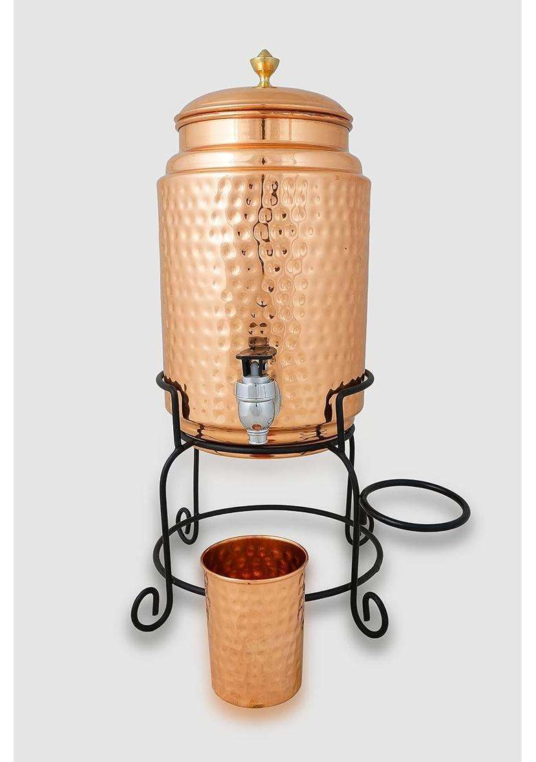 R Ayurveda Copper Hammer Finish Copper Water Dispenser Matka Clay Water Pot Tank Pot with 1 Glass and Iron Stand | 5 L | 5.3 Qt - Indya