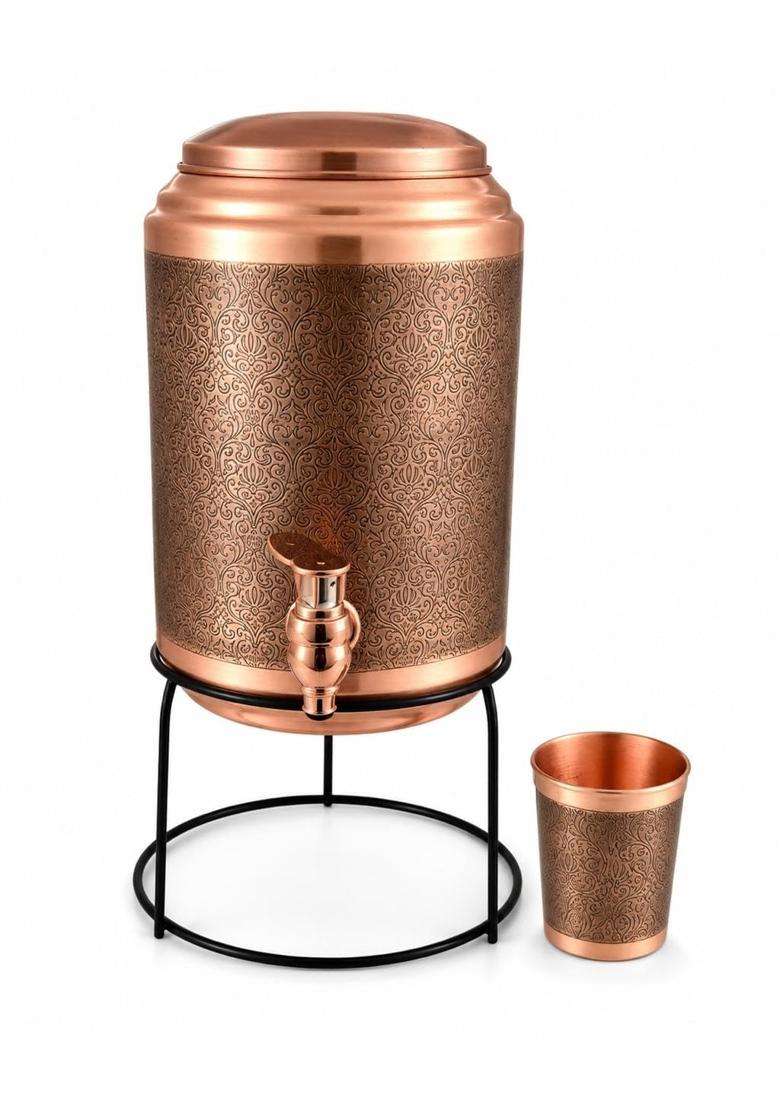i2collections Pure Copper Water Dispenser Water Storage Tank with Metal Stand and Glass | 5 L | 5.3 Qt | Leak Proof - Indya