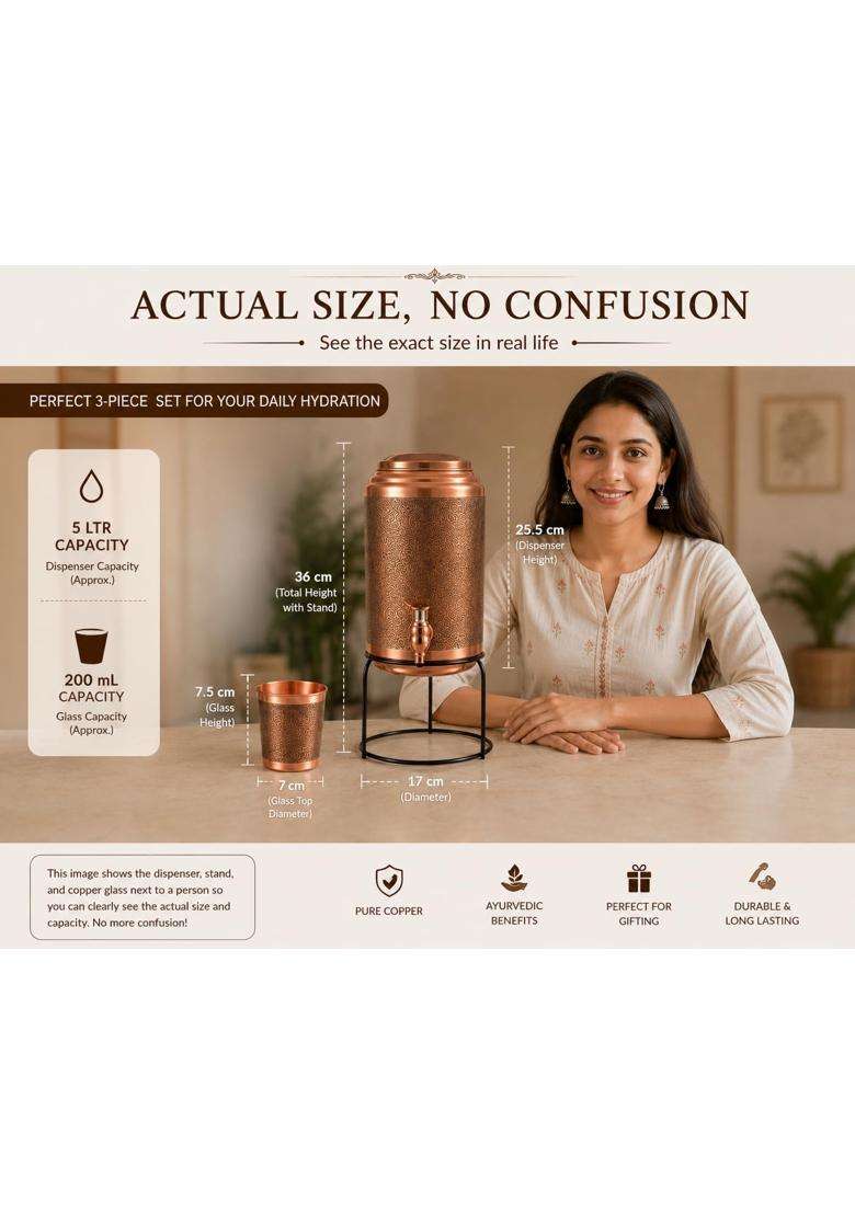 i2collections Pure Copper Water Dispenser Water Storage Tank with Metal Stand and Glass | 5 L | 5.3 Qt | Leak Proof - Indya