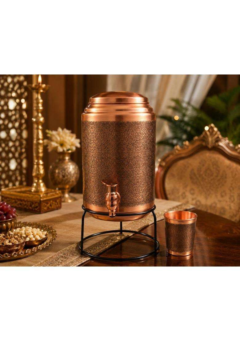 i2collections Pure Copper Water Dispenser Water Storage Tank with Metal Stand and Glass | 5 L | 5.3 Qt | Leak Proof - Indya