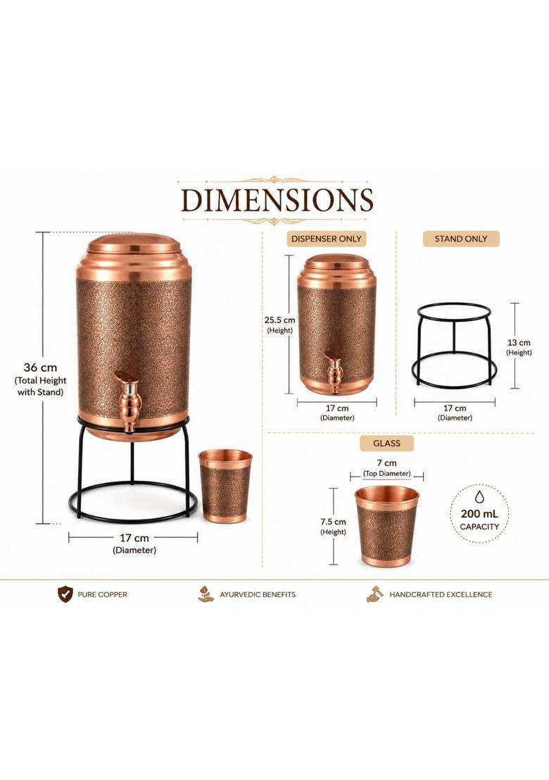 i2collections Pure Copper Water Dispenser Water Storage Tank with Metal Stand and Glass | 5 L | 5.3 Qt | Leak Proof - Indya