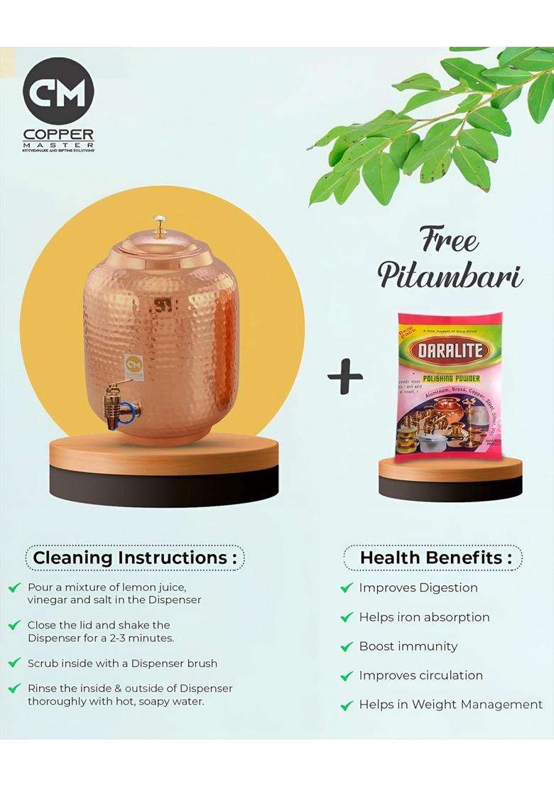 Copper-Master Pure Copper Water Dispenser Hammered Matka Clay Water Pot | 5 L | 5.3 Qt | Leak Proof - Indya