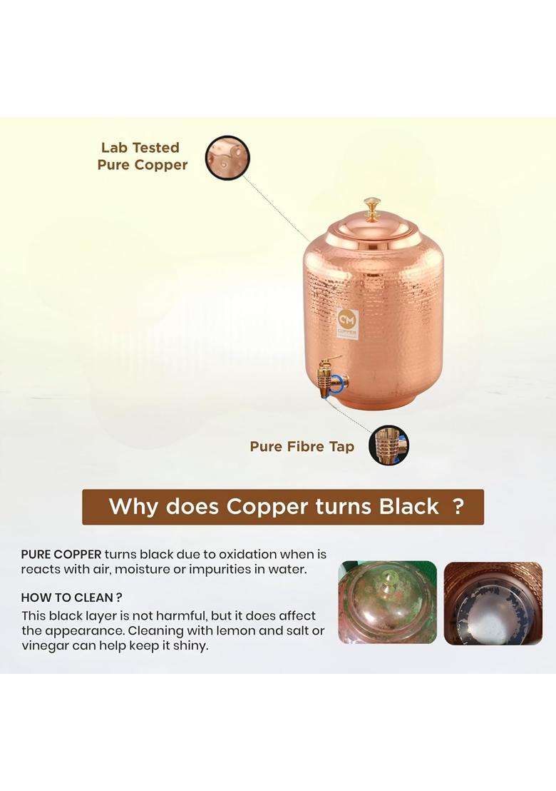 Copper-Master Pure Copper Water Dispenser Hammered Matka Clay Water Pot | 5 L | 5.3 Qt | Leak Proof - Indya