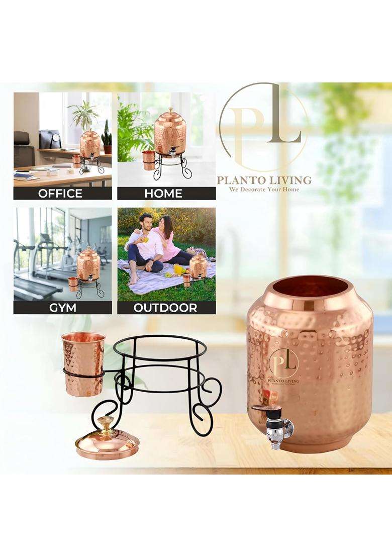 Copper-Master Water Dispenser with 1 Copper Glass and Metal Stand | 5 L | 5.3 Qt - Indya