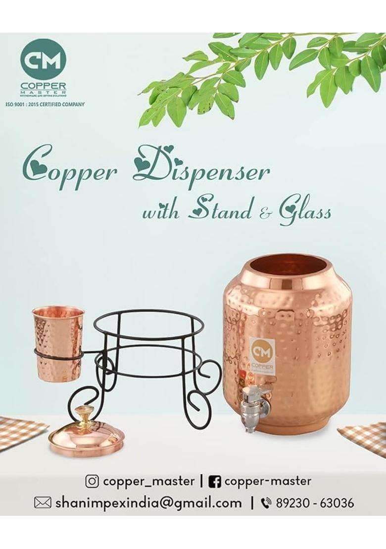 Copper-Master Water Dispenser with 1 Copper Glass and Metal Stand | 5 L | 5.3 Qt - Indya