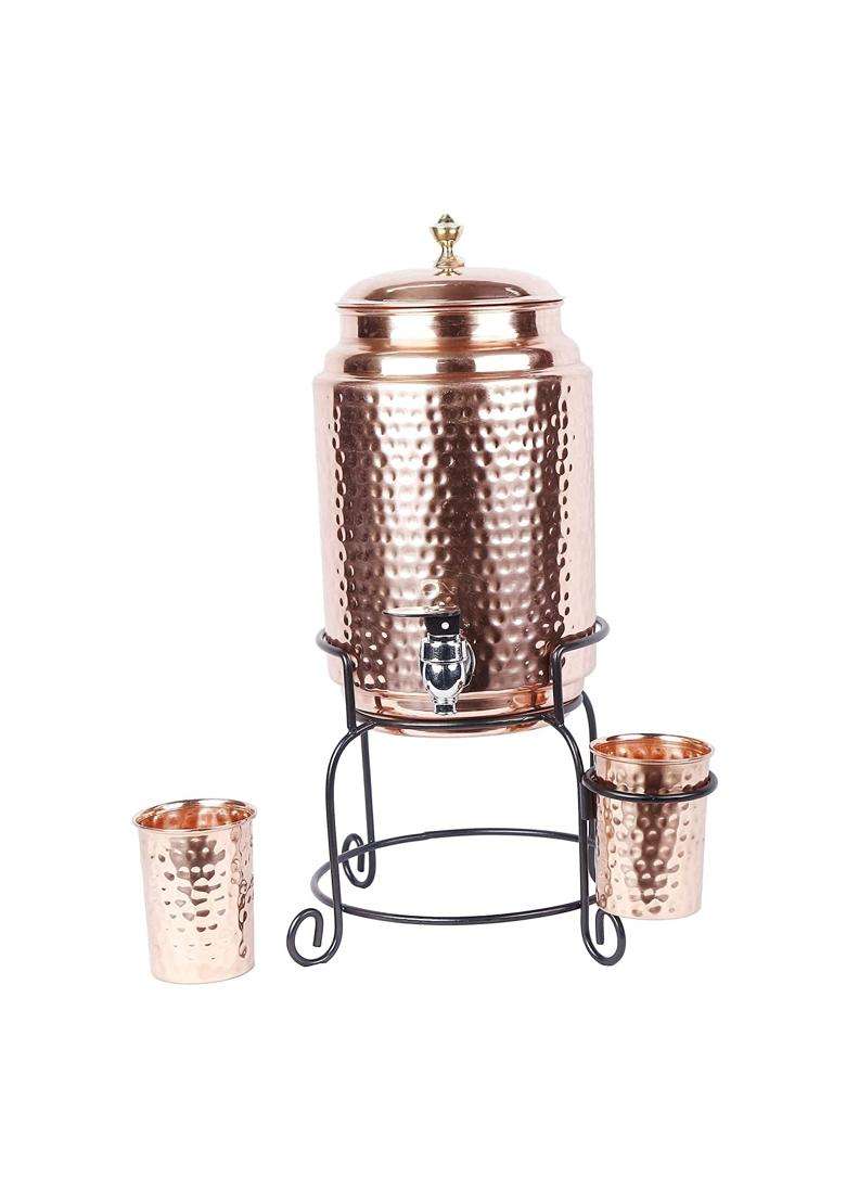 R Ayurveda Copper Handmade Copper Matka Clay Water Pot Hammer Beads Dots Copper Water Dispenser | 5 L | 5.3 Qt - Indya