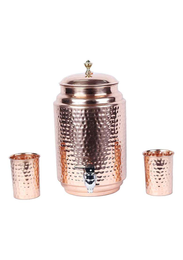 R Ayurveda Copper Handmade Copper Matka Clay Water Pot Hammer Beads Dots Copper Water Dispenser | 5 L | 5.3 Qt - Indya
