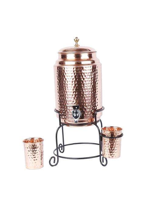 R Ayurveda Copper Handmade Copper Matka Clay Water Pot Hammer Beads Dots Copper Water Dispenser | 5 L | 5.3 Qt