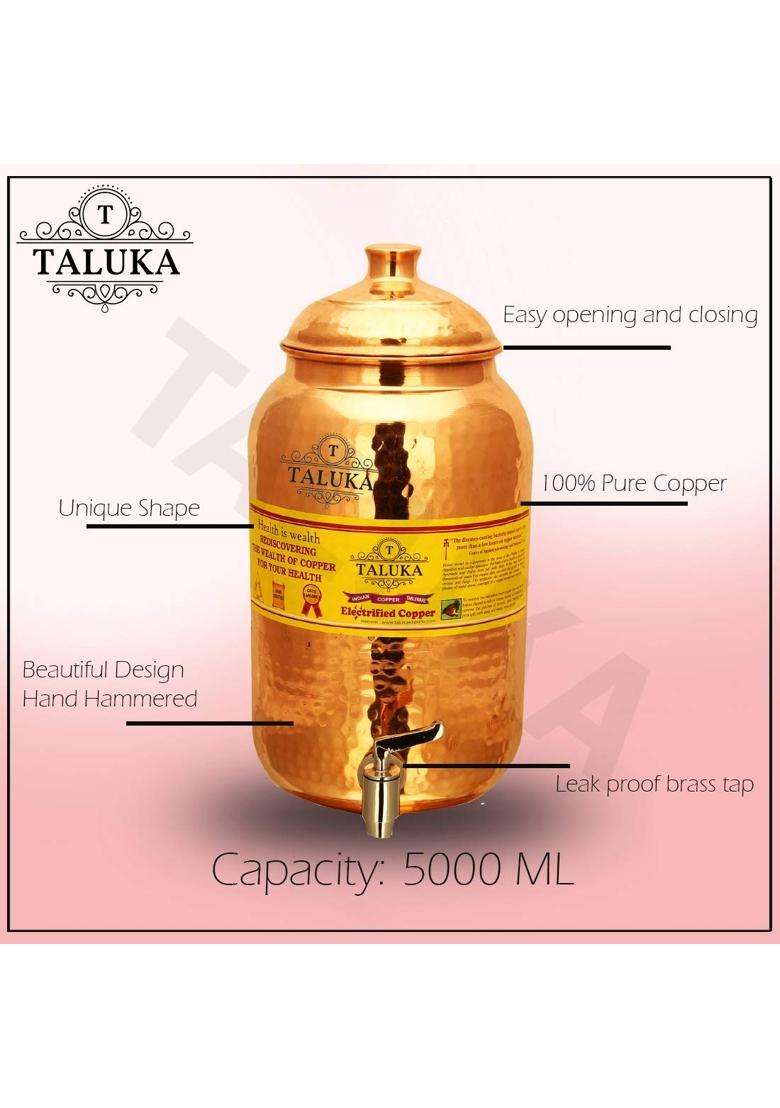 Taluka With T Logo Taluka Hammered Copper Water Dispenser | 5 L | 5.3 Qt | Leak Proof - Indya