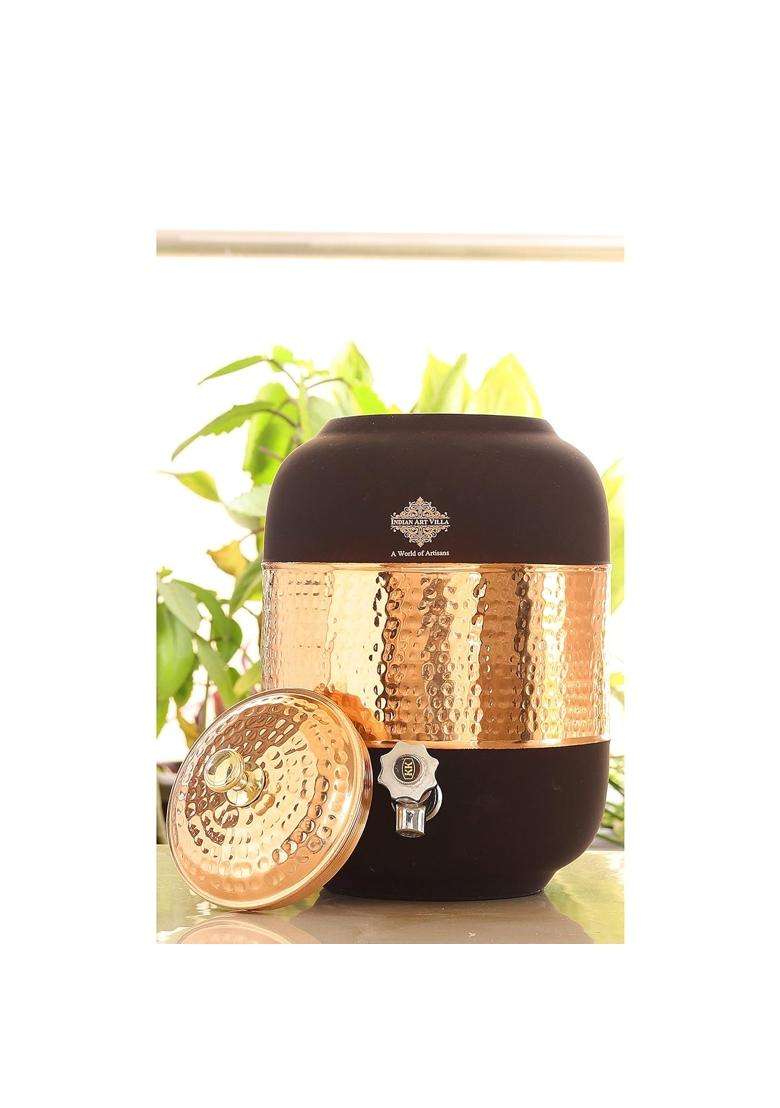 INDIAN ART VILLA Half Hammered with Silk Finish Copper Water Pot in Black Color | 5 L | 5.3 Qt - Indya