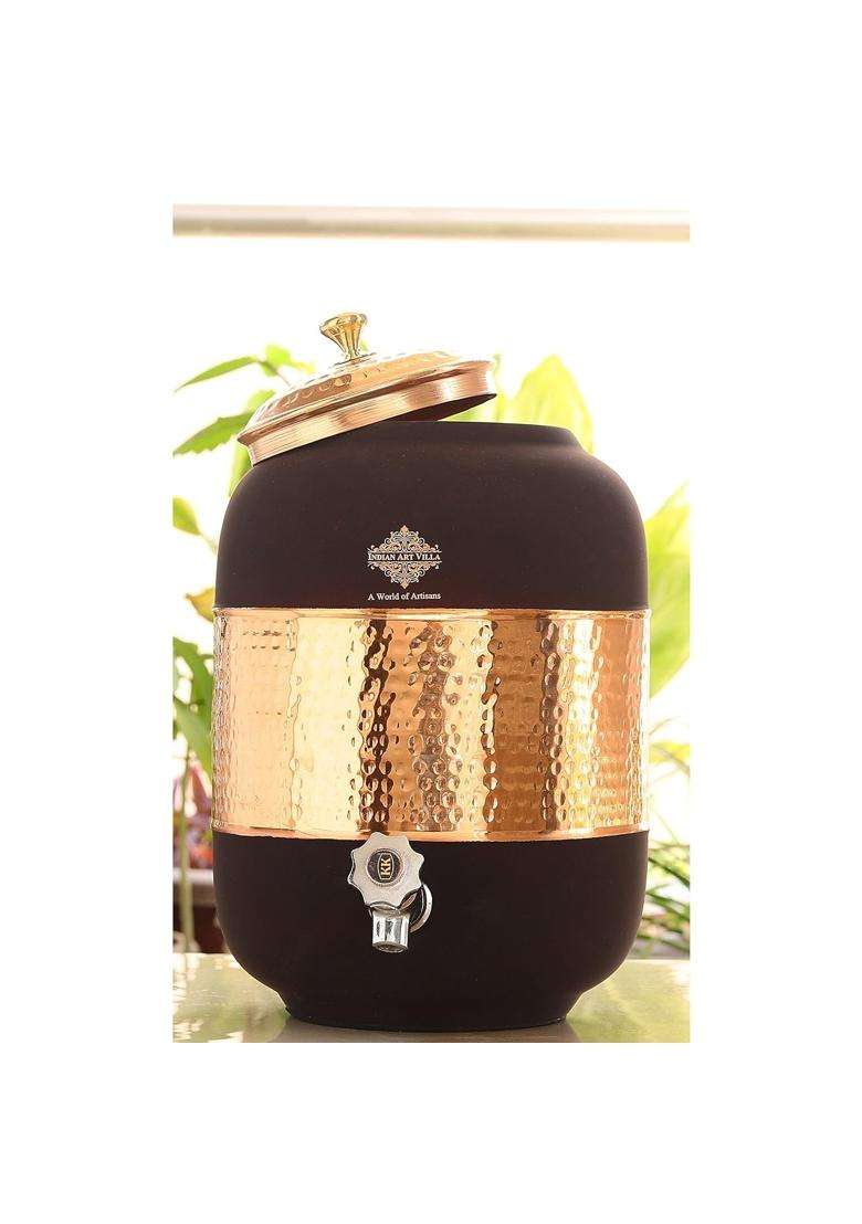 INDIAN ART VILLA Half Hammered with Silk Finish Copper Water Pot in Black Color | 5 L | 5.3 Qt - Indya