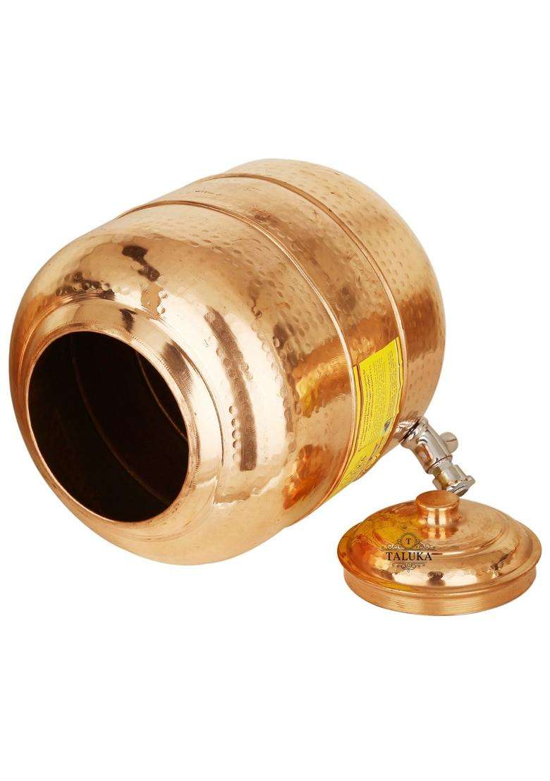 Taluka With T Logo Copper Hammer Water Pot Tank Dispenser with Glass Dinkware | 12 L | 12.7 Qt - Indya
