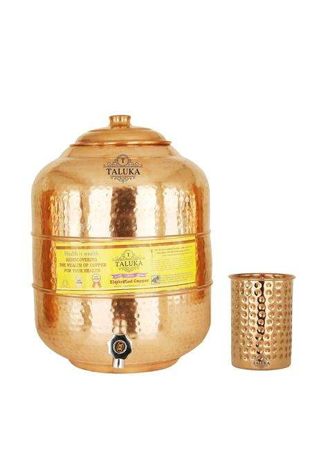 Taluka With T Logo Copper Hammer Water Pot Tank Dispenser with Glass Dinkware | 12 L | 12.7 Qt