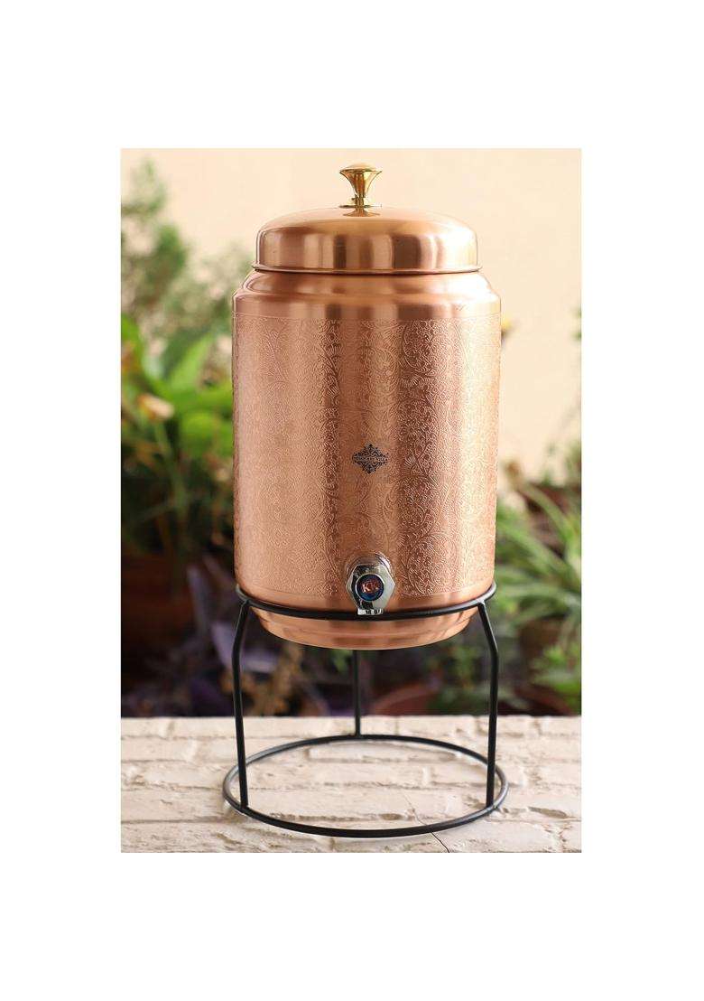 INDIAN ART VILLA Copper Water Pot Embossed Finish Design with Brass Tap and Stand | 5 L | 5.3 Qt - Indya