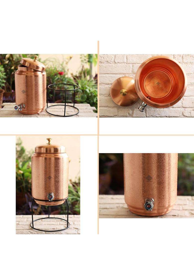 INDIAN ART VILLA Copper Water Pot Embossed Finish Design with Brass Tap and Stand | 5 L | 5.3 Qt - Indya