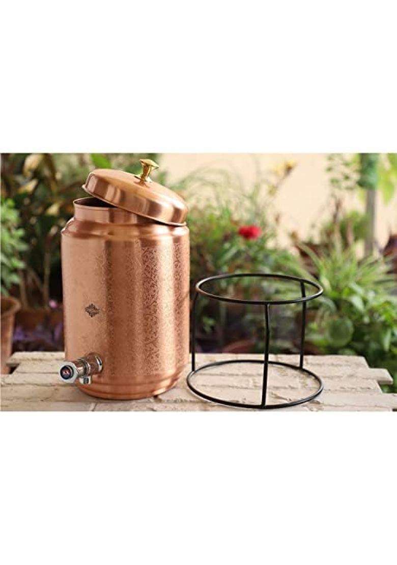 INDIAN ART VILLA Copper Water Pot Embossed Finish Design with Brass Tap and Stand | 5 L | 5.3 Qt - Indya