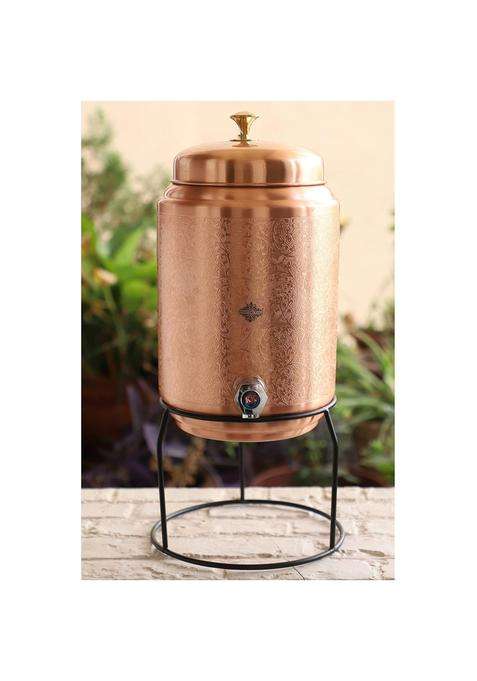 INDIAN ART VILLA Copper Water Pot Embossed Finish Design with Brass Tap and Stand | 5 L | 5.3 Qt