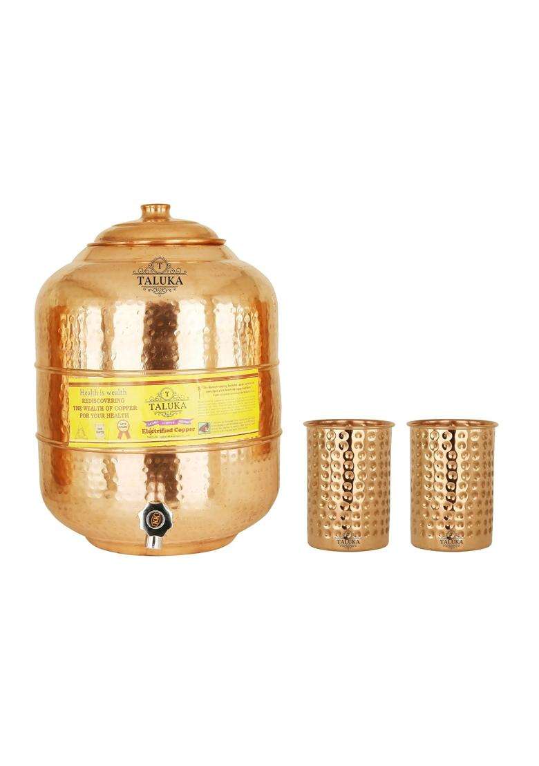 Taluka With T Logo Taluka Copper Hammer Water Tank Dispenser with Glass | 12 L | 12.7 Qt | Pack of 2 - Indya