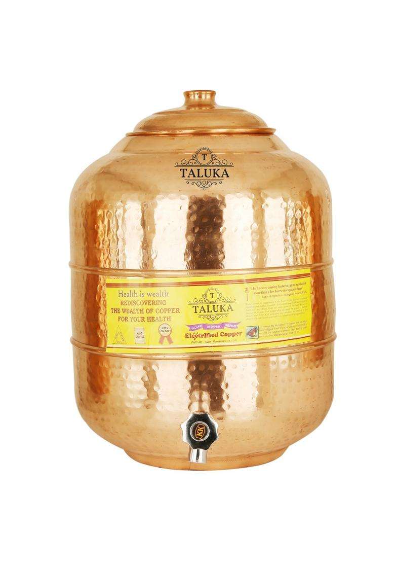 Taluka With T Logo Taluka Copper Hammer Water Tank Dispenser with Glass | 12 L | 12.7 Qt | Pack of 2 - Indya