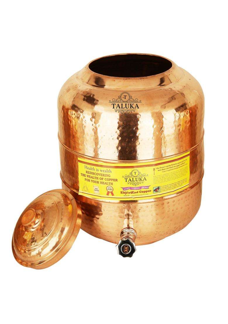 Taluka With T Logo Taluka Copper Hammer Water Tank Dispenser with Glass | 12 L | 12.7 Qt | Pack of 2 - Indya