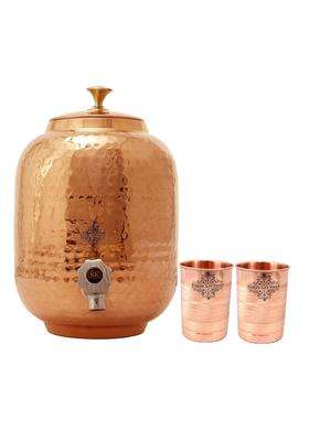 INDIAN ART VILLA Pure Copper Water Dispenser Container Pot Matka Clay Water Pot with 2 Glass Tumblers | 5 L | 5.3 Qt | 3-Piece Set