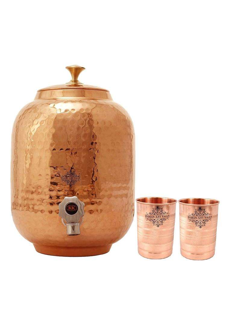 INDIAN ART VILLA Pure Copper Water Dispenser Container Pot Matka Clay Water Pot with 2 Glass Tumblers | 5 L | 5.3 Qt | 3-Piece Set - Indya