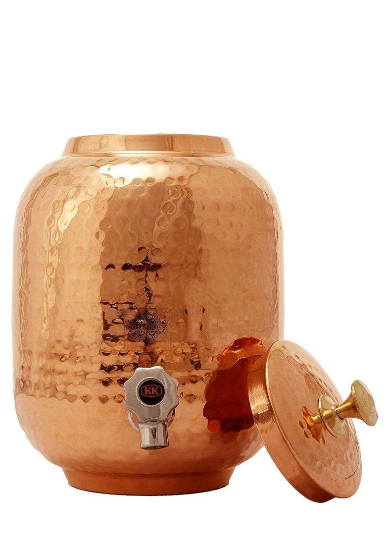 INDIAN ART VILLA Pure Copper Water Dispenser Container Pot Matka Clay Water Pot with 2 Glass Tumblers | 5 L | 5.3 Qt | 3-Piece Set - Indya