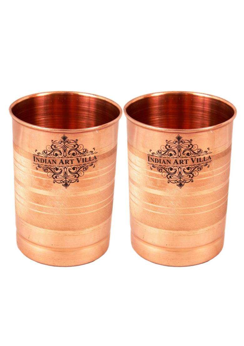INDIAN ART VILLA Pure Copper Water Dispenser Container Pot Matka Clay Water Pot with 2 Glass Tumblers | 5 L | 5.3 Qt | 3-Piece Set - Indya