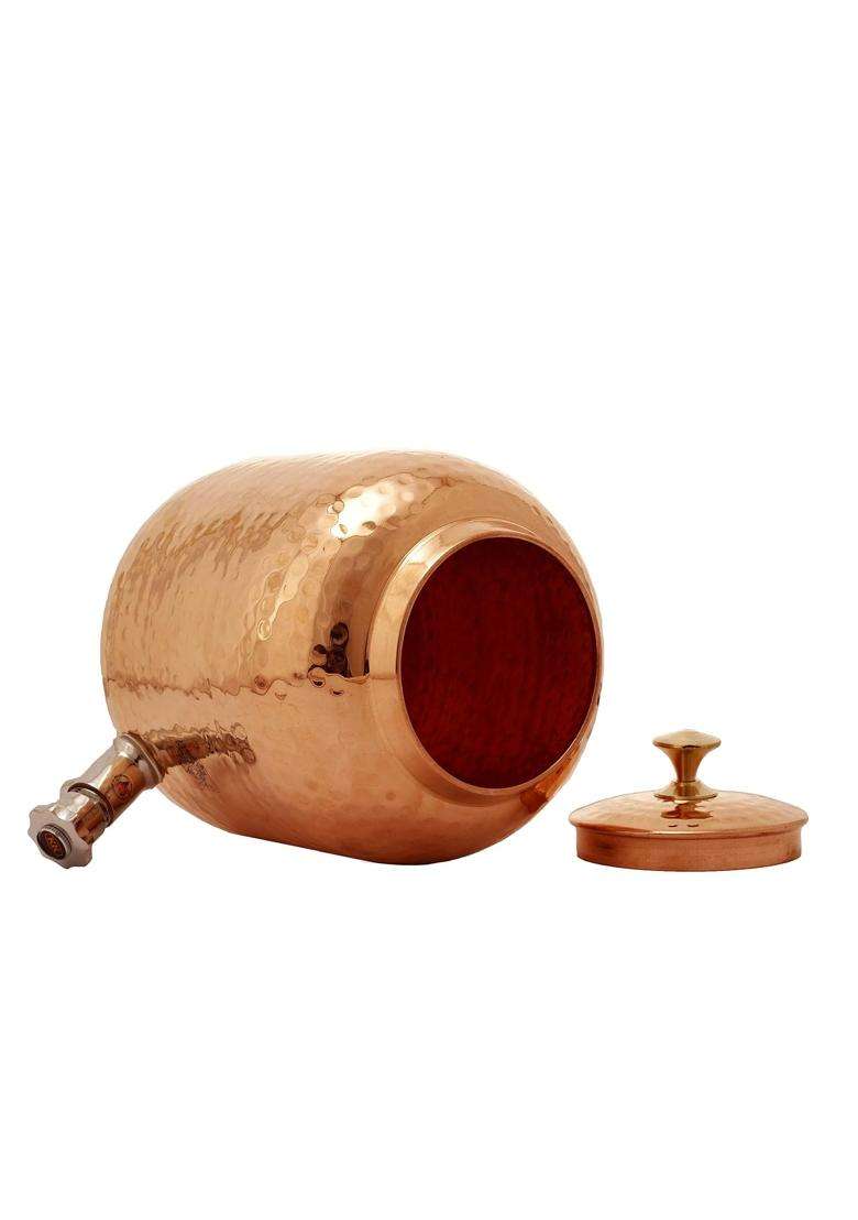 INDIAN ART VILLA Pure Copper Water Dispenser Container Pot Matka Clay Water Pot with 2 Glass Tumblers | 5 L | 5.3 Qt | 3-Piece Set - Indya