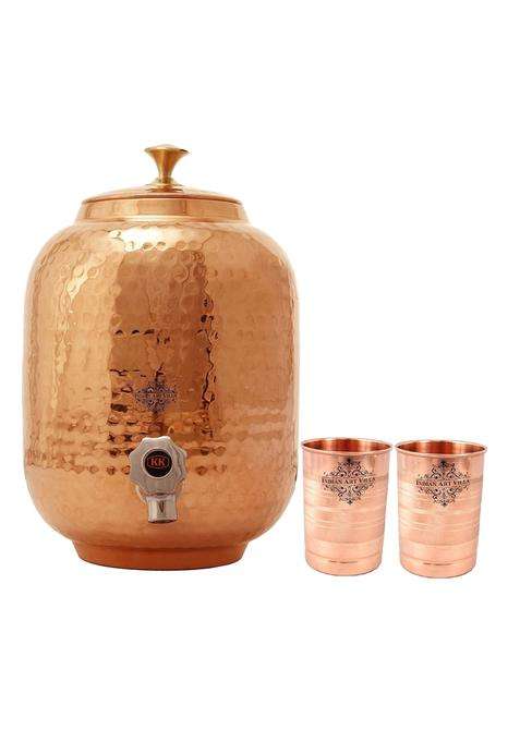 INDIAN ART VILLA Pure Copper Water Dispenser Container Pot Matka Clay Water Pot with 2 Glass Tumblers | 5 L | 5.3 Qt | 3-Piece Set