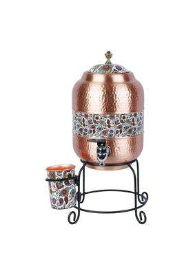 R Ayurveda Copper Handmade Copper Matka Clay Water Pot Mette Look Hammer with Paisley White Print Design | 5 L | 5.3 Qt