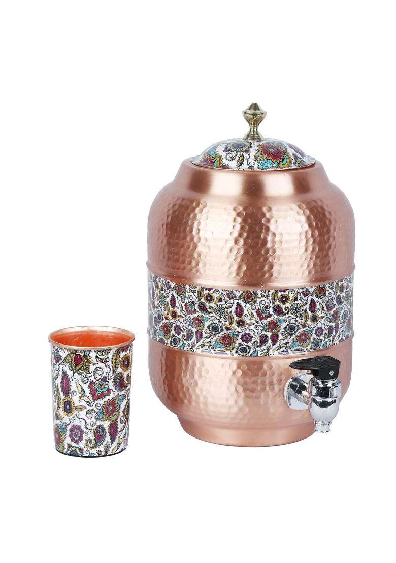 R Ayurveda Copper Handmade Copper Matka Clay Water Pot Mette Look Hammer with Paisley White Print Design | 5 L | 5.3 Qt - Indya