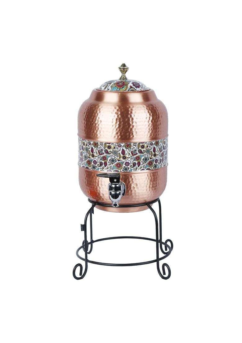 R Ayurveda Copper Handmade Copper Matka Clay Water Pot Mette Look Hammer with Paisley White Print Design | 5 L | 5.3 Qt - Indya
