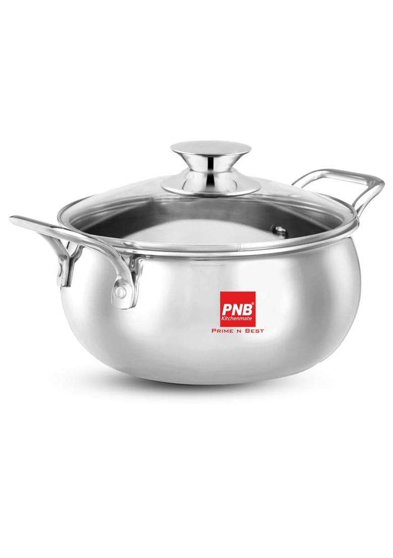 PNB Kitchenmate Triply Stainless Steel Handi Cooking Pot with Glass Lid | 2 L | 2.1 Qt | 16.5 cm | 6.5 Inch | Induction Compatible - Indya