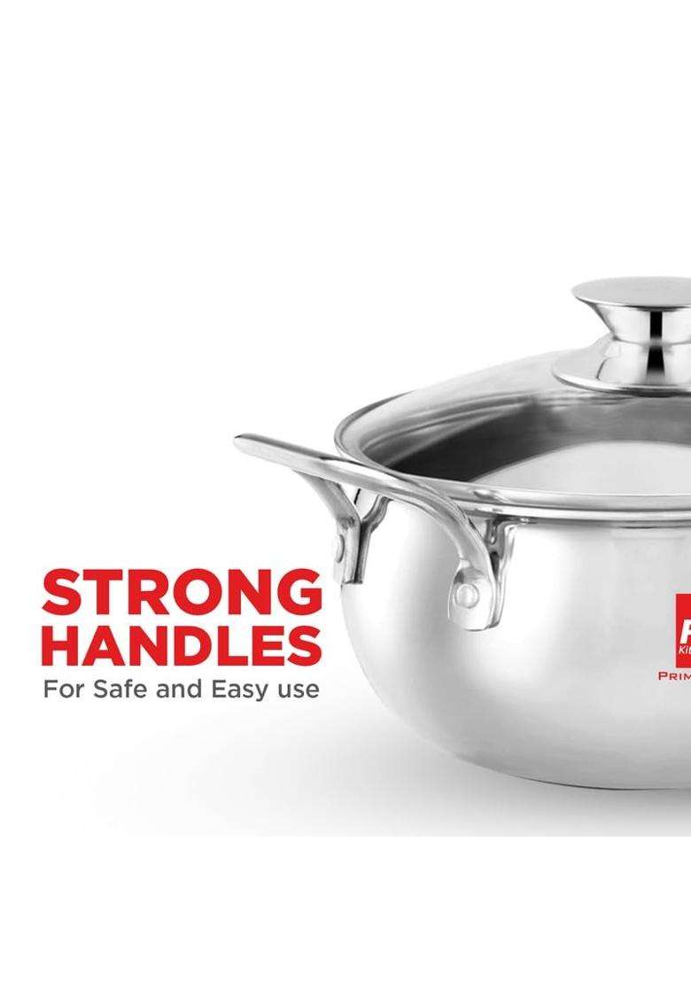 PNB Kitchenmate Triply Stainless Steel Handi Cooking Pot with Glass Lid | 2 L | 2.1 Qt | 16.5 cm | 6.5 Inch | Induction Compatible - Indya