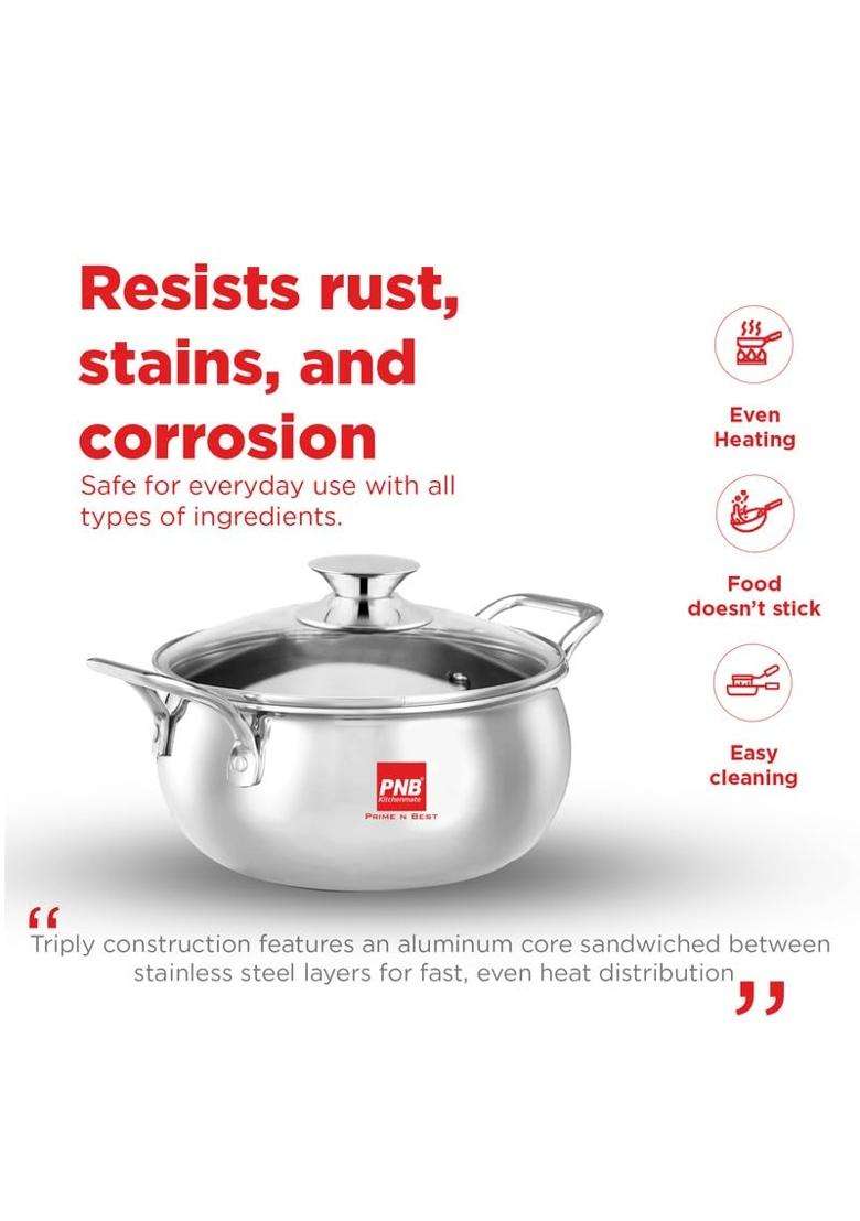 PNB Kitchenmate Triply Stainless Steel Handi Cooking Pot with Glass Lid | 2 L | 2.1 Qt | 16.5 cm | 6.5 Inch | Induction Compatible - Indya