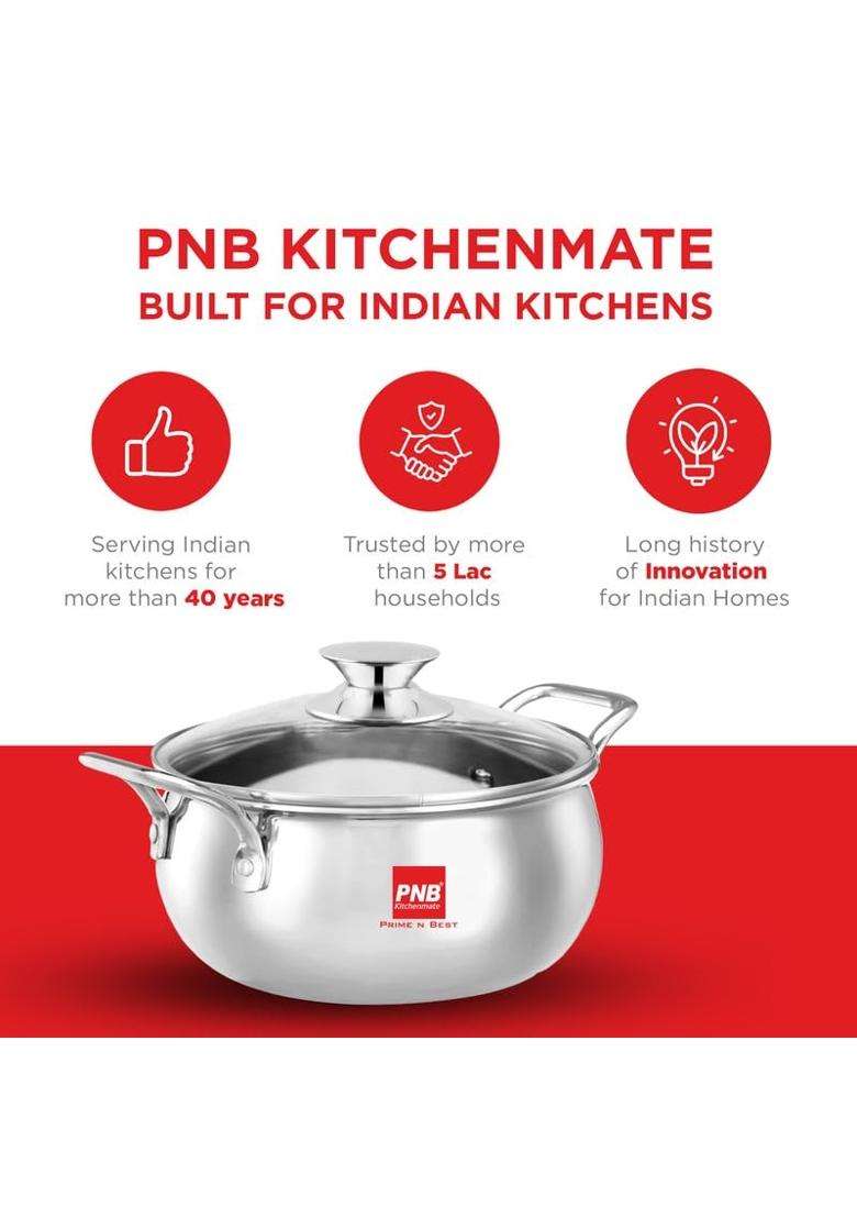 PNB Kitchenmate Triply Stainless Steel Handi Cooking Pot with Glass Lid | 2 L | 2.1 Qt | 16.5 cm | 6.5 Inch | Induction Compatible - Indya