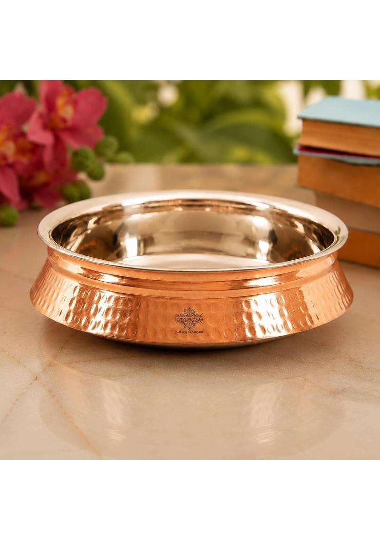 INDIAN ART VILLA Steel Copper Induction Handi Cooking Pot | Hammered Finish - Indya