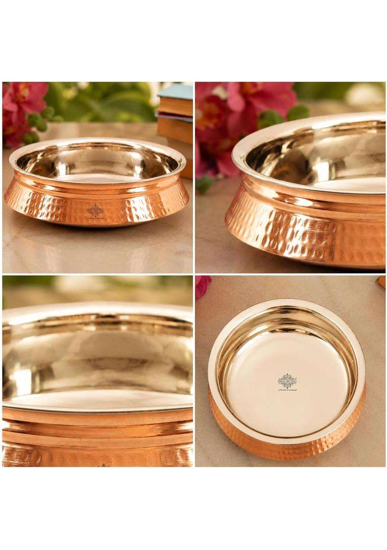 INDIAN ART VILLA Steel Copper Induction Handi Cooking Pot | Hammered Finish - Indya