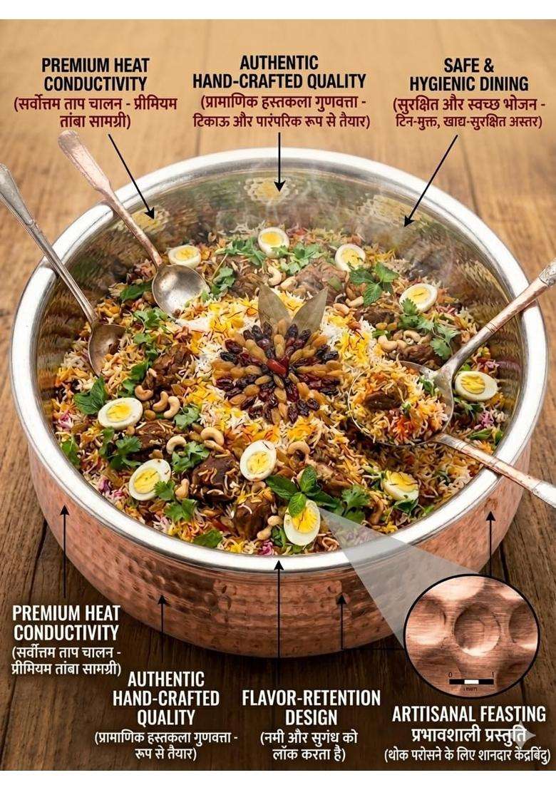 SHAAN mfg. Shaan Mfg Pure Copper Lagan Handi Dish Pan with Tin Lining | 5 L | 5.3 Qt | 12 Inch - Indya