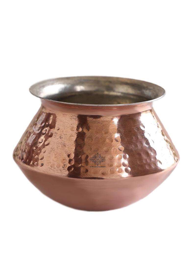 INDIAN ART VILLA Pure Copper Handi Degchi Cooking Pot with Tin Lining Inside | 1 L | 1.1 Qt | Hammered Finish - Indya