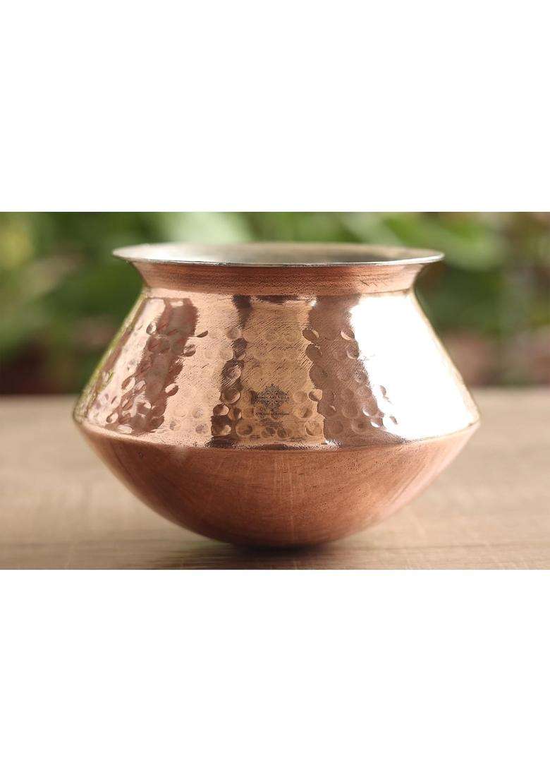 INDIAN ART VILLA Pure Copper Handi Degchi Cooking Pot with Tin Lining Inside | 1 L | 1.1 Qt | Hammered Finish - Indya