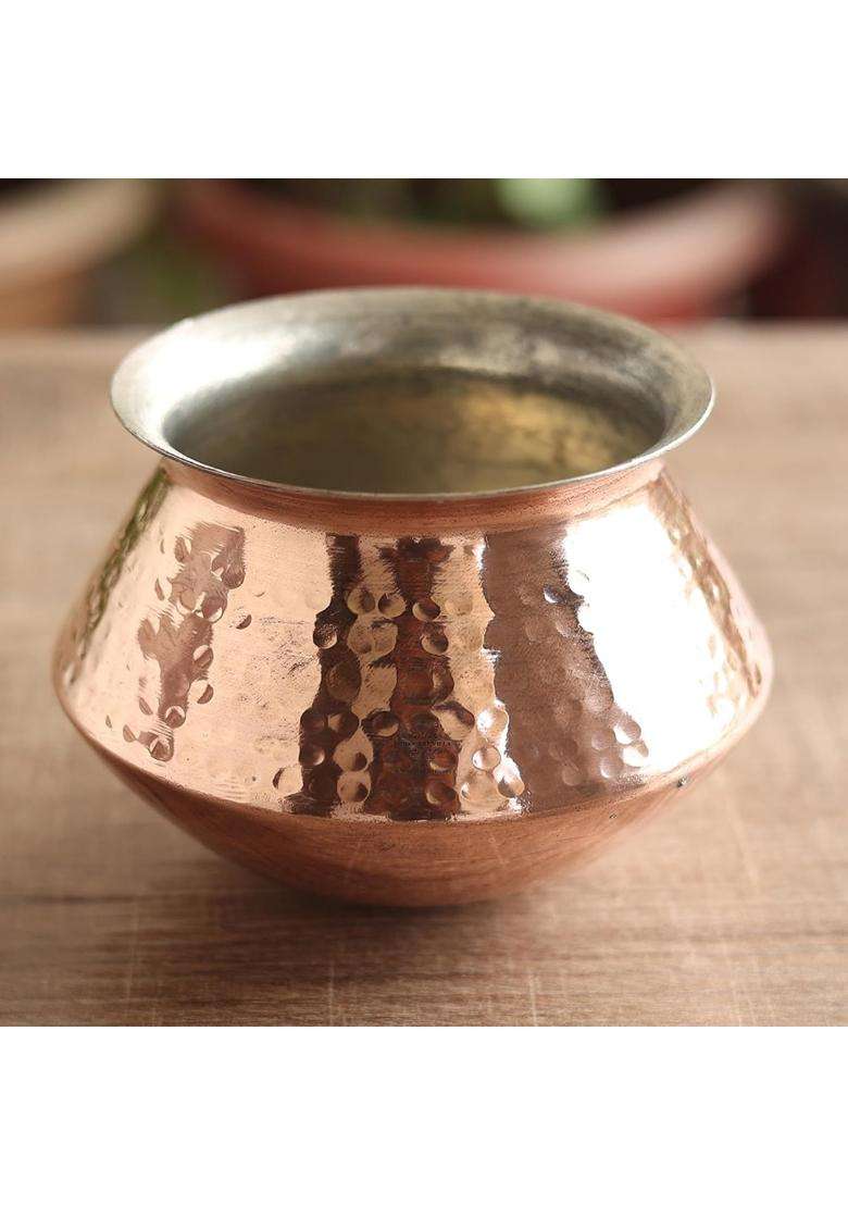 INDIAN ART VILLA Pure Copper Handi Degchi Cooking Pot with Tin Lining Inside | 1 L | 1.1 Qt | Hammered Finish - Indya