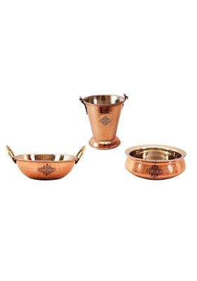 INDIAN ART VILLA Stainless Steel and Copper Handi Cooking Pot with Kadhai Kadai Wok and Bucket | 300 ml | 10.1 fl oz