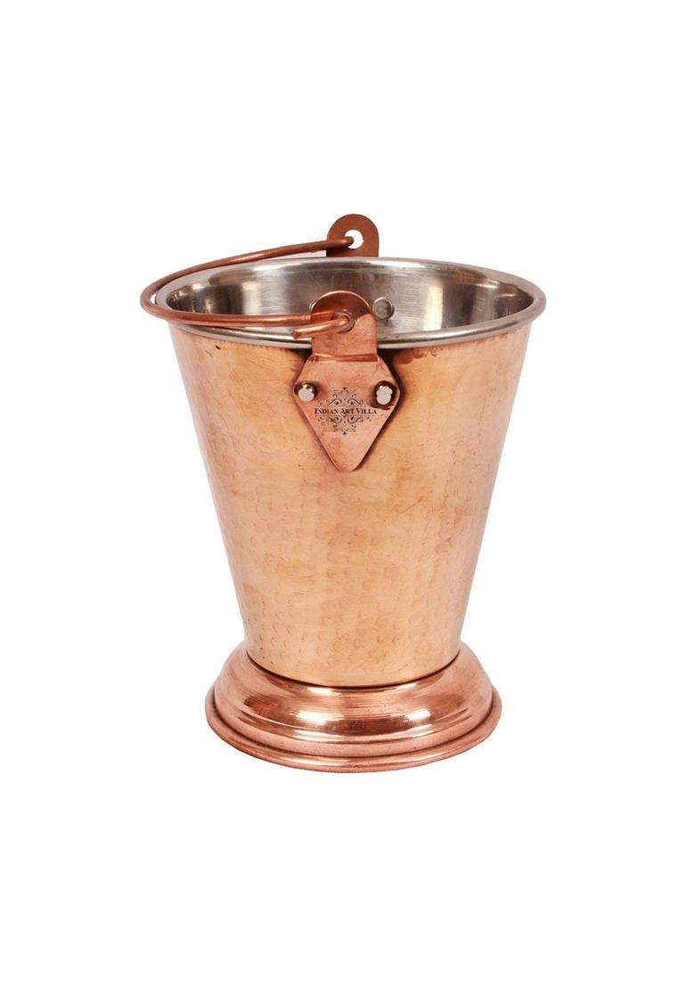 INDIAN ART VILLA Stainless Steel and Copper Handi Cooking Pot with Kadhai Kadai Wok and Bucket | 300 ml | 10.1 fl oz - Indya